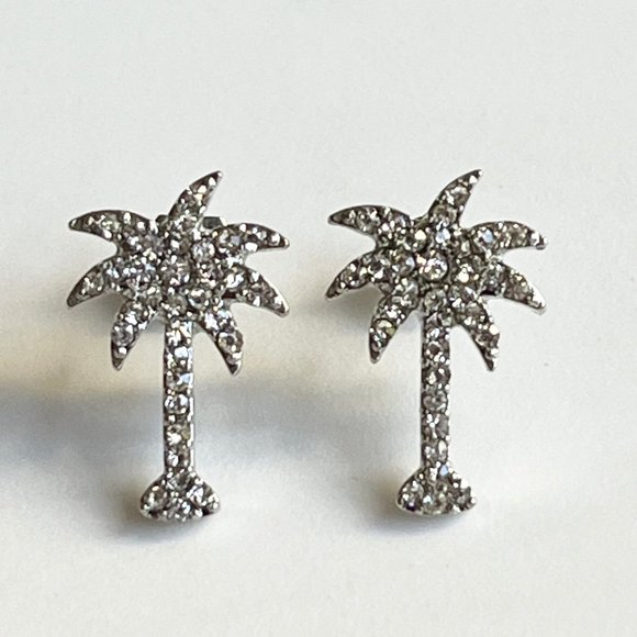 Palm Tree Earrings Crystal Silver Plated Post Stud Tropical Island Beach Life - Picture 3 of 8